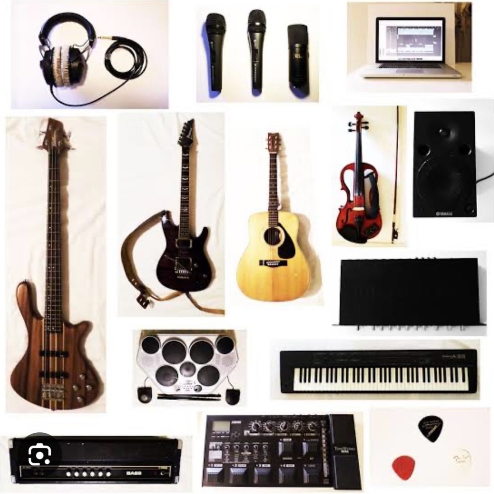 Musical Instrument Collection with Headphones and Microphones